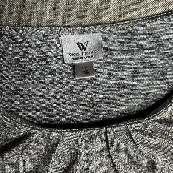 Worthington Women's Blouse 1X Stretch Smock Scoop Neck Metallic Gray RN 93677 - Picture 7 of 9